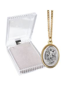1" Silver Oxidized St. Michael Medal with Gold Rim on 24" Chain, Boxed