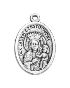 1" Oval Antiqued Silver Oxidized Our Lady of Czestochwa and Sacred Heart of Jesus Medal