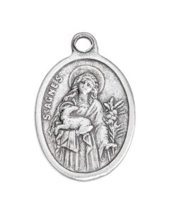 1" Oval Antiqued Silver Oxidized Saint Agnes Medal (Reverse Side - St. Cecilia)