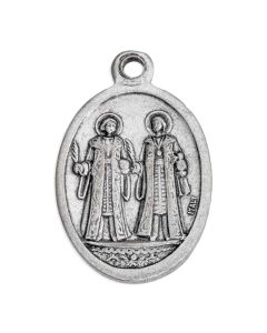 1" Oval Antiqued Silver Oxidized Saint Cosmos and Saint Diamian Medal
