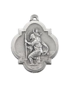 1 1/8" Badge Shaped Saint Christopher Medal in Antiqued Silver Finish