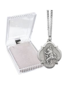 1 1/8" Badge Shaped Saint Christopher Medal on 18" Chain, Boxed