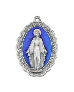 2 5/16" Scalloped Miraculous Medal in Antiqued Silver Finish with Blue Epoxy