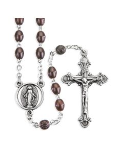 Oval Maroon Wood Bead Rosary