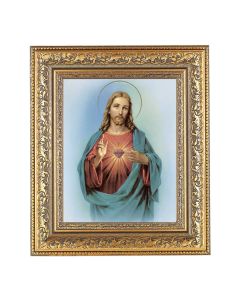 12 1/2" x 14 1/2" Ornate Gold Leaf Antique Frame with 8" x 10" Sacred Heart Print