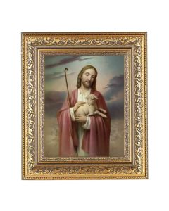 12 1/2" x 14 1/2" Ornate Gold Leaf Antique Frame with 8" x 10" Good Shepherd Print