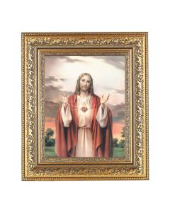 12 1/2" x 14 1/2" Ornate Gold Leaf Antique Frame with 8" x 10" Sacred Heart Print