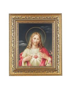 12 1/2" x 14 1/2" Ornate Gold Leaf Antique Frame with 8" x 10" Sacred Heart Print