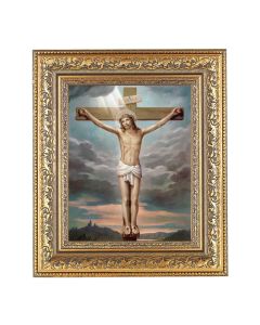 12 1/2" x 14 1/2" Ornate Gold Leaf Antique Frame with 8" x 10" Crucifixion Print