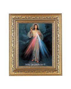 12 1/2" x 14 1/2" Ornate Gold Leaf Antique Frame with 8" x 10" Spanish Divine Mercy Print