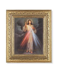 12 1/2" x 14 1/2" Ornate Gold Leaf Antique Frame with 8" x 10" Gold Spanish Divine Mercy Print
