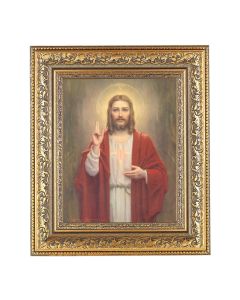 12 1/2" x 14 1/2" Ornate Gold Leaf Antique Frame with 8" x 10" Chambers: Sacred Heart of Jesus Print