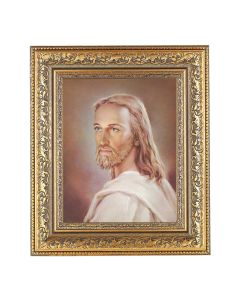 12 1/2" x 14 1/2" Ornate Gold Leaf Antique Frame with 8" x 10" Head of Christ Print