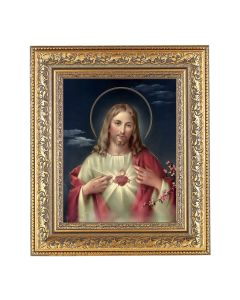12 1/2" x 14 1/2" Ornate Gold Leaf Antique Frame with 8" x 10" Sacred Heart Print