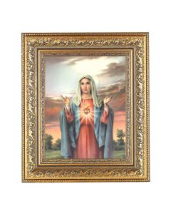 12 1/2" x 14 1/2" Ornate Gold Leaf Antique Frame with 8" x 10" Immaculate Heart of Mary Print