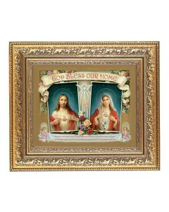 12 1/2" x 14 1/2" Ornate Gold Leaf Antique Frame with 8" x 10" House Blessing-Sacred Heart of Jesus-Immaculate Heart of Mary Print