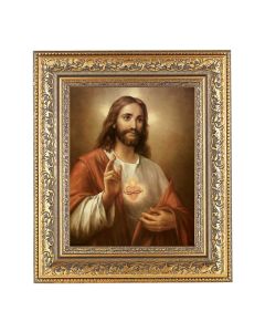 12 1/2" x 14 1/2" Ornate Gold Leaf Antique Frame with 8" x 10" The Sacred Heart of Jesus Print