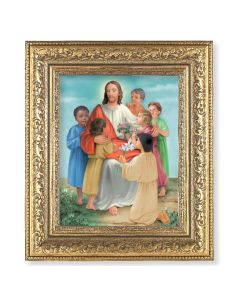 12 1/2" x 14 1/2" Ornate Gold Leaf Antique Frame with 8" x 10" Christ with Children Print