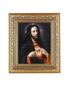 12 1/2" x 14 1/2" Ornate Gold Leaf Antique Frame with 8" x 10" The Sacred Heart of Jesus Print