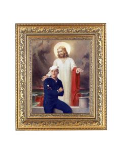 12 1/2" x 14 1/2" Ornate Gold Leaf Antique Frame with 8" x 10" Jesus with Sailor Print