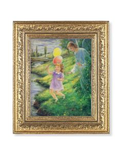 12 1/2" x 14 1/2" Ornate Gold Leaf Antique Frame with 8" x 10" Guardian Angel with Girl Print