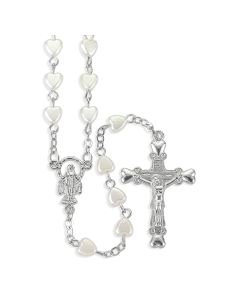 White Pearlized Heart Shaped Bead Rosary-P65