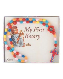 Primary Color Oval Wooden Bead Kiddie Rosary with Guardian Angel Centerpiece. Boxed-P65