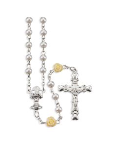 5mm First Communion White Pearl and Off White Rose Our Father Bead Rosary with Crucifix and Chalice Center. 19" in Acrylic Hinged Box