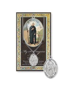 Saint Peregrine Genuine Pewter Medal on a 24" Chain with Biography and Picture Folder