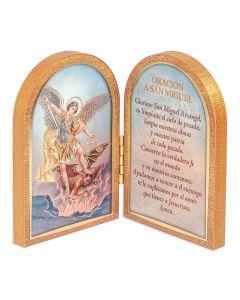 St. Michael Standing Natural Wood Diptych in Spanish