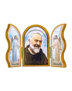 Padre Pio Standing Natural Wood Triptych