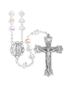 8mm Deluxe Faceted Crystal Aurora Borealis Glass Bead Rosary, Boxed