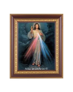 11 1/2" x 13 1/2" Cherry Frame with Gold Trim with an 8" x 10" Divine Mercy Print in Spanish