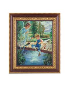 11 1/2" x 13 1/2" Cherry Frame with Gold Trim with an 8" x 10" Guardian Angel with Boy Print