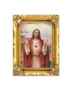 4 1/2" x 3 1/2" Antique Gold Frame with a 2 1/2" x 3 1/2" Sacred Heart Gold Stamped Print-P65