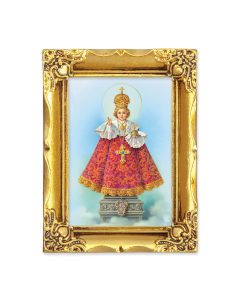 4 1/2" x 3 1/2" Antique Gold Frame with a 2 1/2" x 3 1/2" Infant of Prague Gold Stamped Print-P65