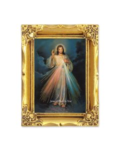 4 1/2" x 3 1/2" Antique Gold Frame with a 2 1/2" x 3 1/2" Divine Mercy Gold Stamped Print-P65