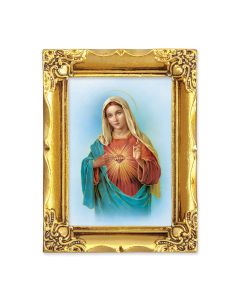 4 1/2" x 3 1/2" Antique Gold Frame with a 2 1/2" x 3 1/2" Immaculate Heart of Mary Gold Stamped Print-P65