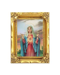 4 1/2" x 3 1/2" Antique Gold Frame with a 2 1/2" x 3 1/2" Immaculate Heart of Mary Gold Stamped Print-P65