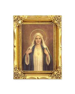 4 1/2" x 3 1/2" Antique Gold Frame with a 2 1/2" x 3 1/2" Immaculate Heart of Mary Gold Stamped Print-P65