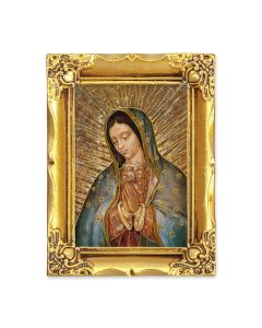 4 1/2" x 3 1/2" Antique Gold Frame with a 2 1/2" x 3 1/2" Our Lady of Guadalupe Gold Stamped Print-P65