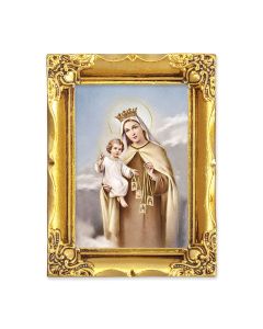 4 1/2" x 3 1/2" Antique Gold Frame with a 2 1/2" x 3 1/2" Our Lady of Mt. Carmel Gold Stamped Print-P65