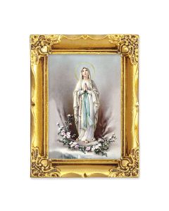 4 1/2" x 3 1/2" Antique Gold Frame with a 2 1/2" x 3 1/2" Our Lady of Lourdes Gold Stamped Print-P65