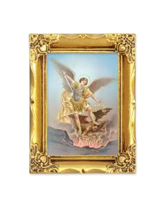 4 1/2" x 3 1/2" Antique Gold Frame with a 2 1/2" x 3 1/2" Saint Michael Gold Stamped Print-P65