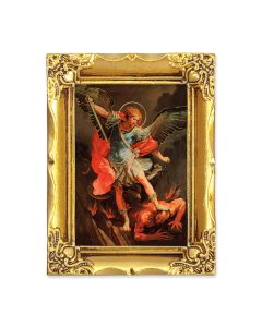 4 1/2" x 3 1/2" Antique Gold Frame with a 2 1/2" x 3 1/2" Saint Michael Gold Stamped Print-P65