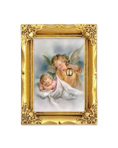 4 1/2" x 3 1/2" Antique Gold Frame with a 2 1/2" x 3 1/2" Guardian Angel with Lantern Gold Stamped Print-P65
