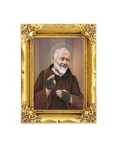 4 1/2" x 3 1/2" Antique Gold Frame with a 2 1/2" x 3 1/2" Saint Pio Gold Stamped Print-P65