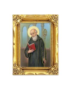 4 1/2" x 3 1/2" Antique Gold Frame with a 2 1/2" x 3 1/2" Saint Benedict Gold Stamped Print-P65