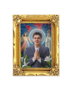2 1/2" x 3 1/2" Saint Carlo Acutis Print in a 4 1/2" x 3 1/2" Antique Gold Frame - P65