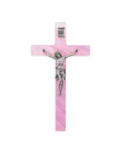 7" Pearlized Pink Cross with Genuine Fine Pewter Corpus
